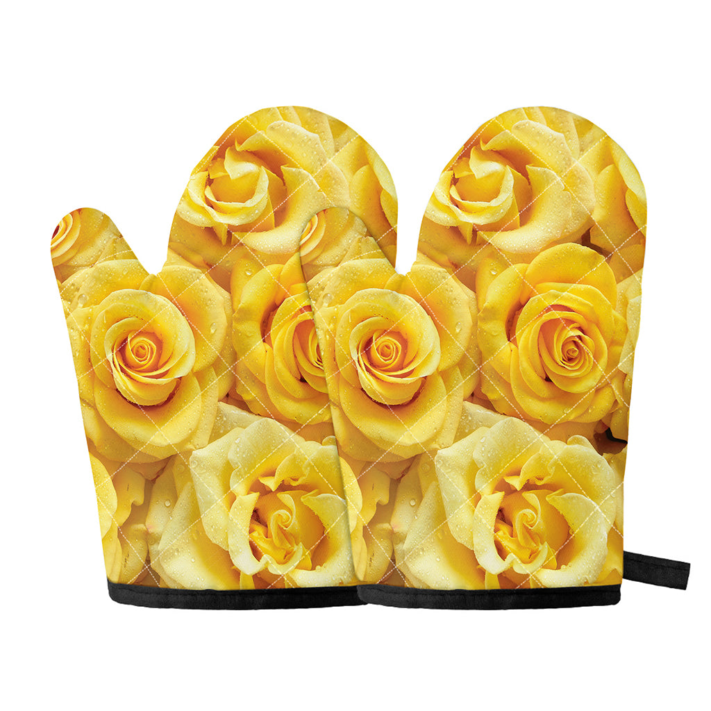 Yellow Rose Print Oven Mitts