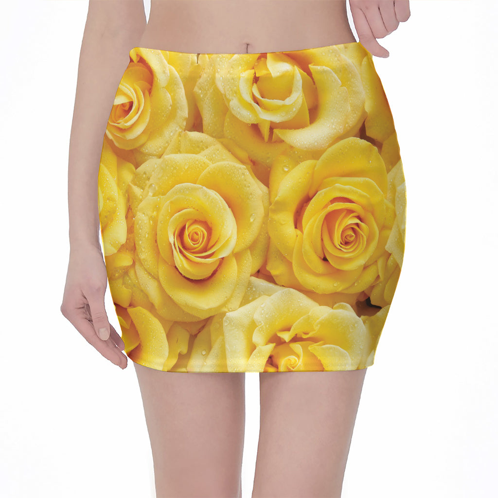 Yellow Rose Print Pencil Mini Skirt