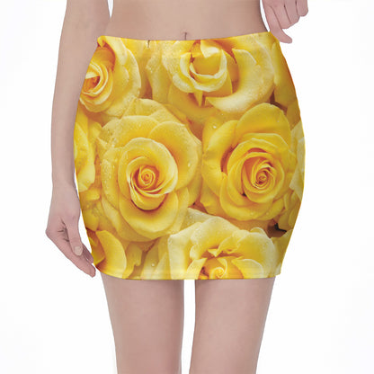 Yellow Rose Print Pencil Mini Skirt