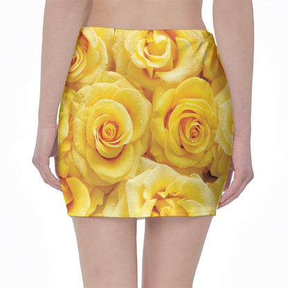 Yellow Rose Print Pencil Mini Skirt