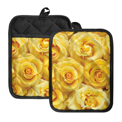 Yellow Rose Print Pot Holders With Pocket