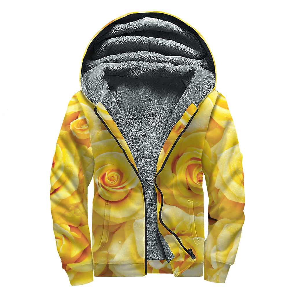 Yellow Rose Print Sherpa Lined Zip Up Hoodie