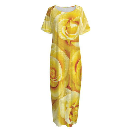 Yellow Rose Print Short Sleeve Long Nightdress