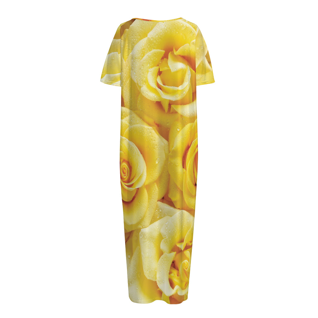 Yellow Rose Print Short Sleeve Long Nightdress