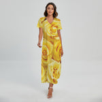 Yellow Rose Print Short Sleeve Maxi Dress