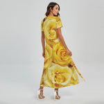 Yellow Rose Print Short Sleeve Maxi Dress