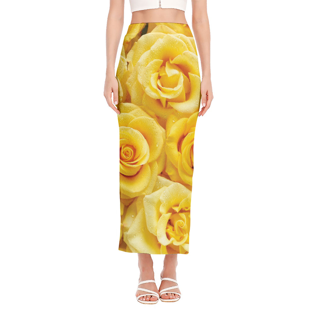 Yellow Rose Print Side Slit Maxi Skirt