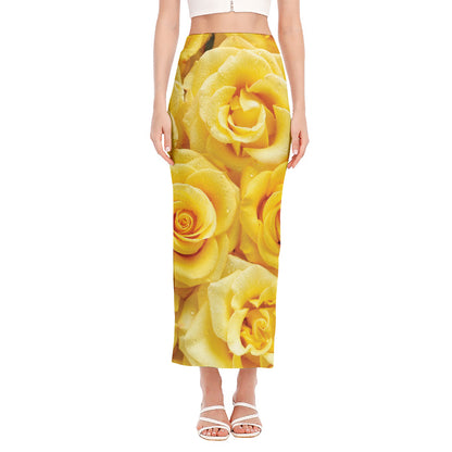 Yellow Rose Print Side Slit Maxi Skirt