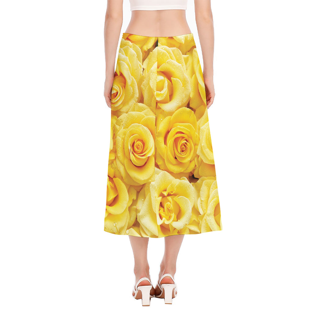 Yellow Rose Print Side Slit Midi Skirt