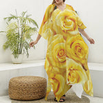 Yellow Rose Print Silk V-Neck Kaftan Dress