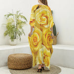 Yellow Rose Print Silk V-Neck Kaftan Dress