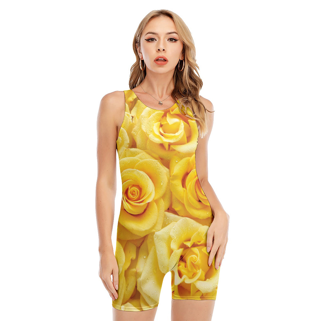 Yellow Rose Print Sleeveless One Piece Swimsuit