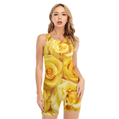 Yellow Rose Print Sleeveless One Piece Swimsuit