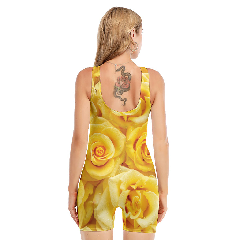 Yellow Rose Print Sleeveless One Piece Swimsuit