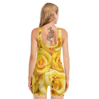Yellow Rose Print Sleeveless One Piece Swimsuit