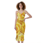 Yellow Rose Print Slim Fit Midi Cami Dress