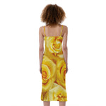 Yellow Rose Print Slim Fit Midi Cami Dress