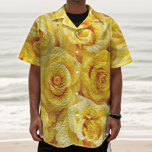 Yellow Rose Print Textured Short Sleeve Shirt