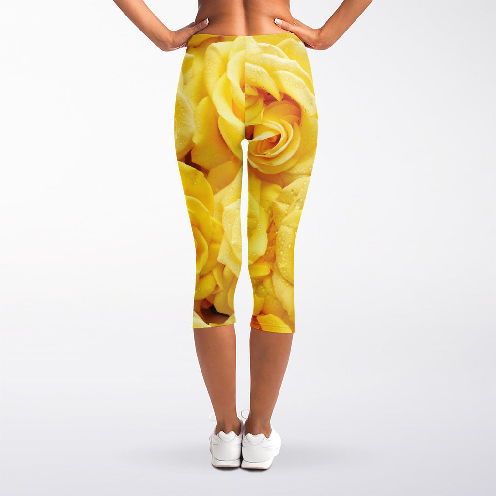Yellow Rose Print Women's Capri Leggings