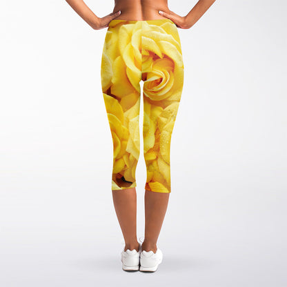 Yellow Rose Print Women's Capri Leggings