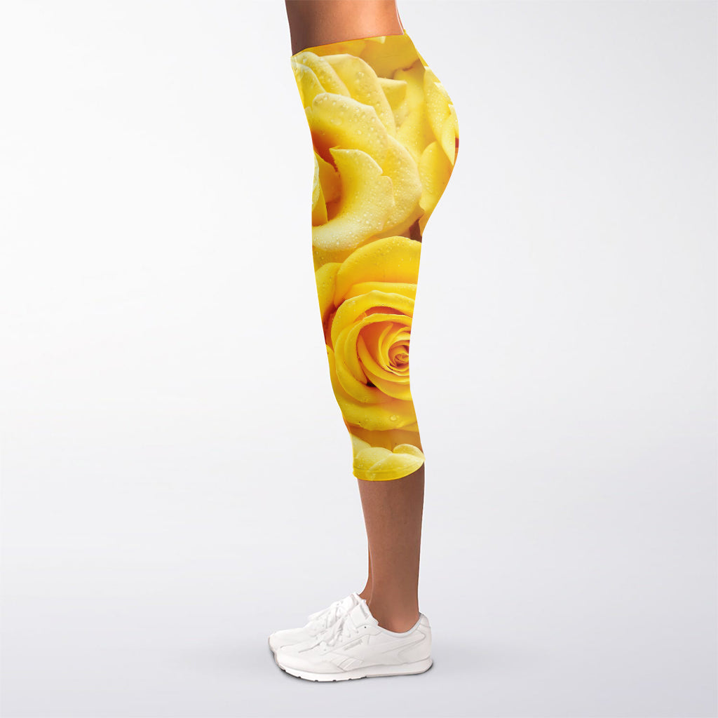 Yellow Rose Print Women's Capri Leggings