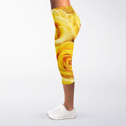 Yellow Rose Print Women's Capri Leggings