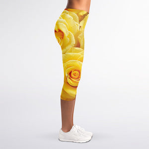 Yellow Rose Print Women's Capri Leggings