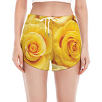 Yellow Rose Print Women's Split Running Shorts