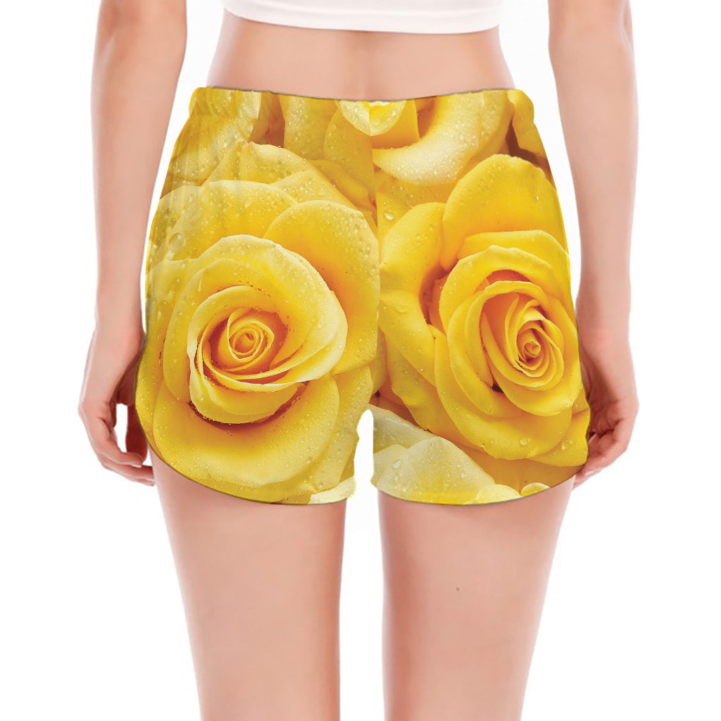 Yellow Rose Print Women's Split Running Shorts