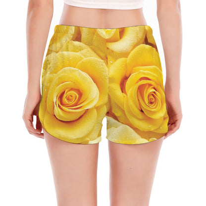 Yellow Rose Print Women's Split Running Shorts
