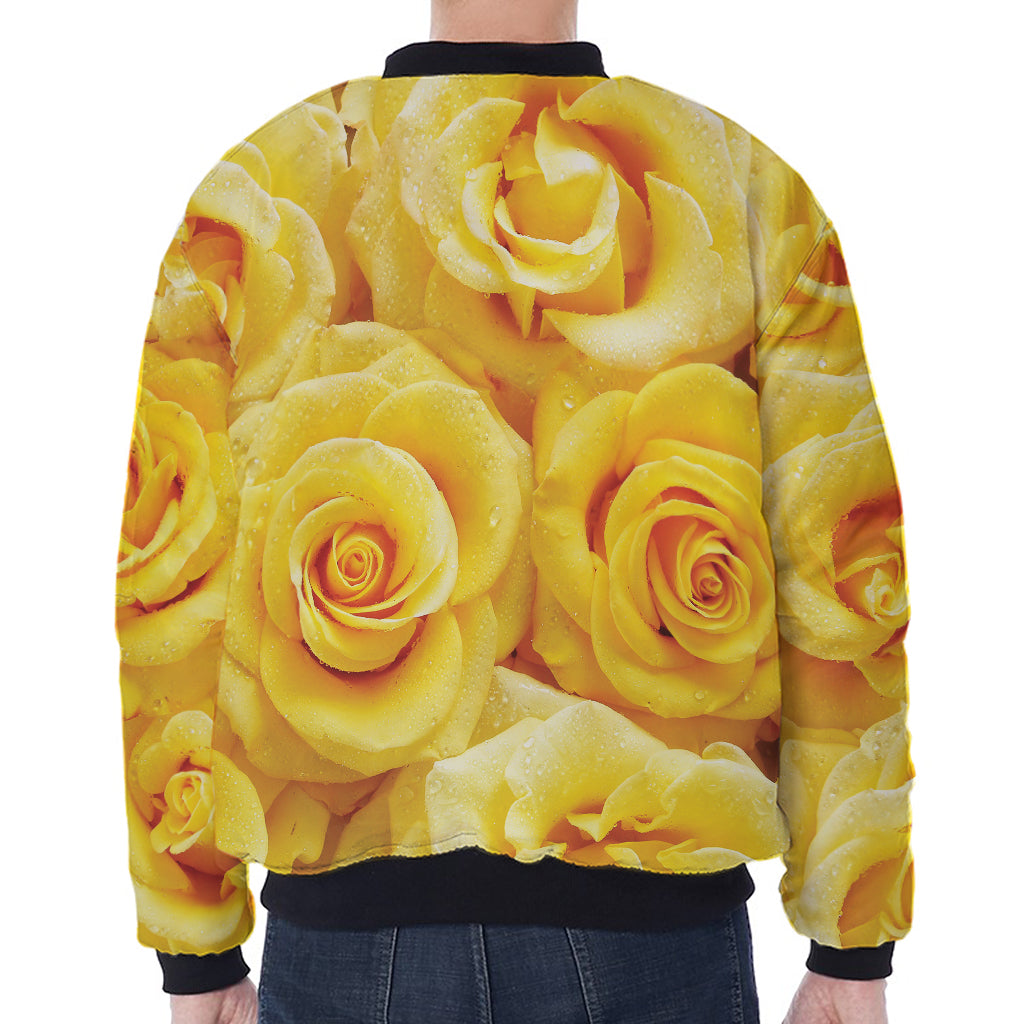 Yellow Rose Print Zip Sleeve Bomber Jacket