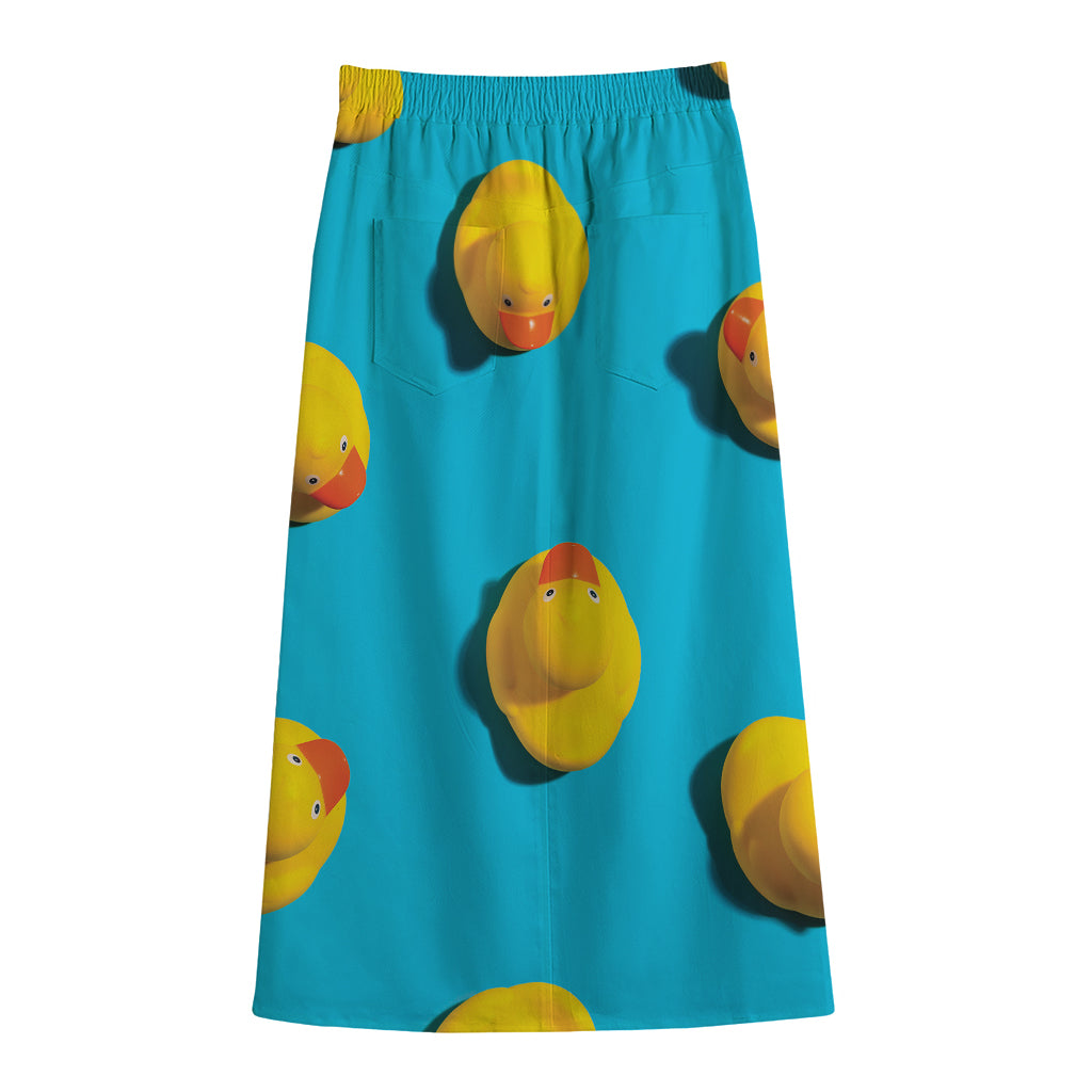 Yellow Rubber Ducks Print Cotton Front Slit Maxi Skirt