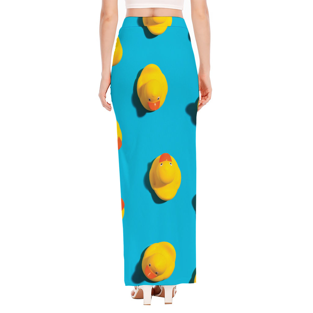 Yellow Rubber Ducks Print High Slit Maxi Skirt