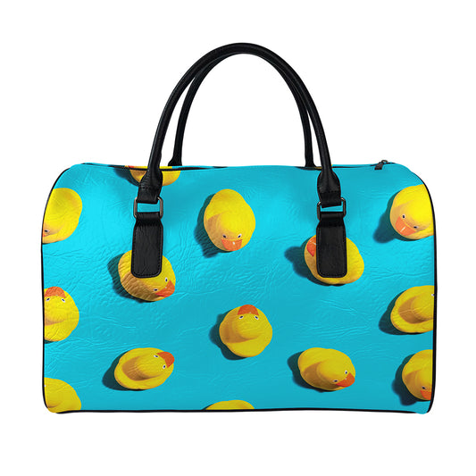Yellow Rubber Ducks Print Leather Duffle Bag