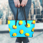 Yellow Rubber Ducks Print Leather Tote Bag