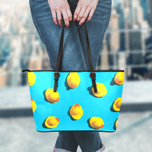 Yellow Rubber Ducks Print Leather Tote Bag