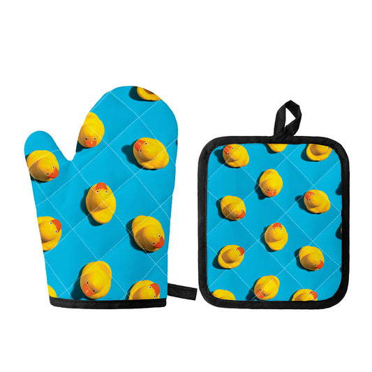 Yellow Rubber Ducks Print Oven Mitt And Pot Holder Set