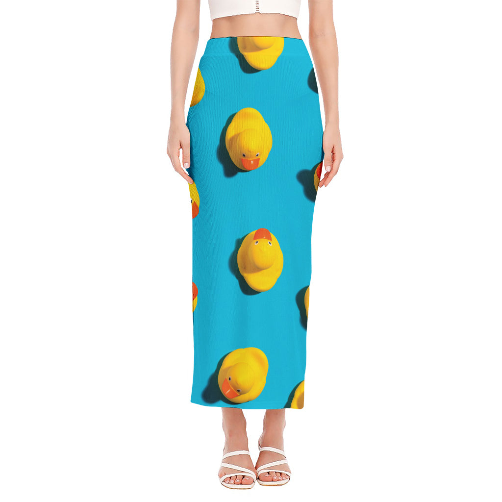 Yellow Rubber Ducks Print Side Slit Maxi Skirt