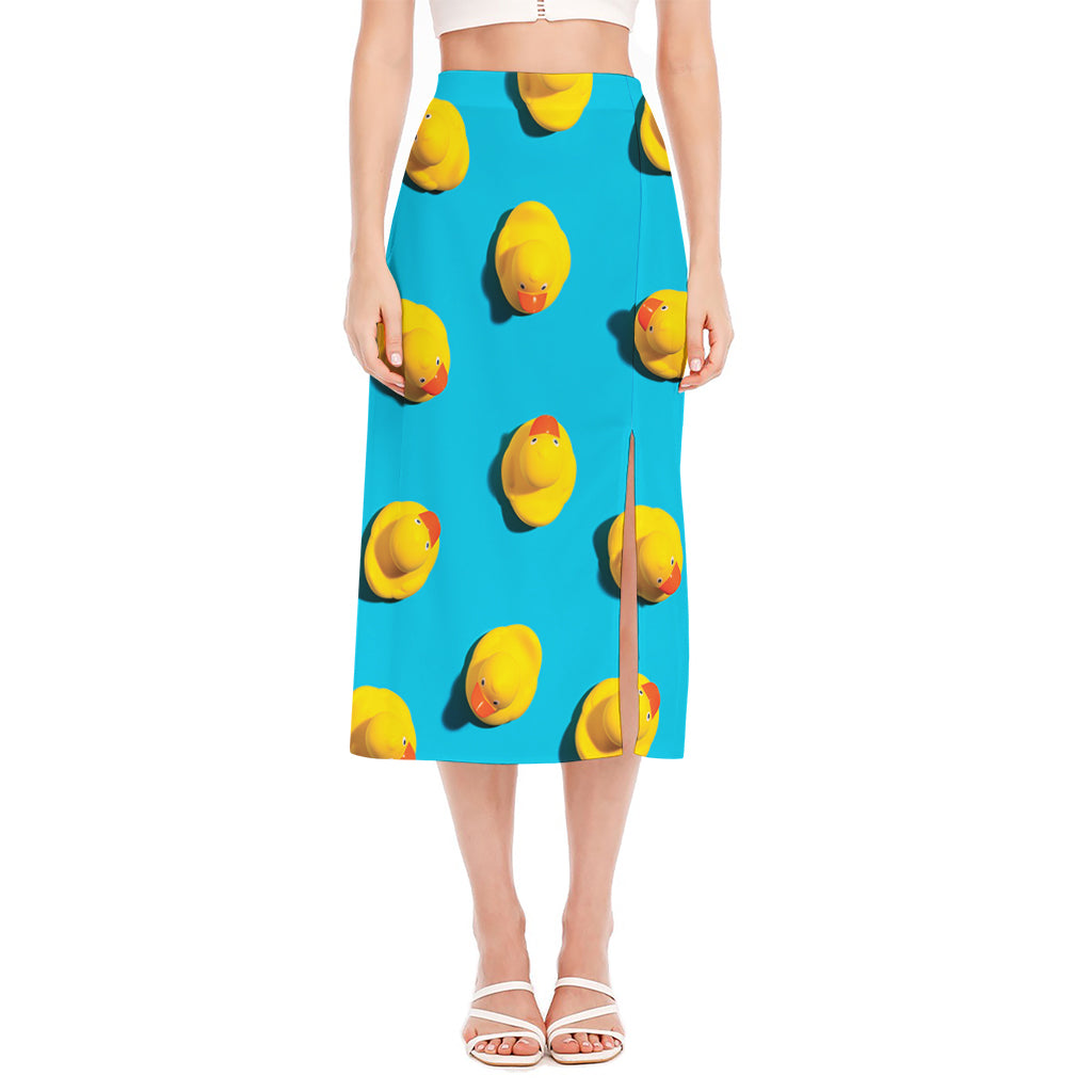 Yellow Rubber Ducks Print Side Slit Midi Skirt