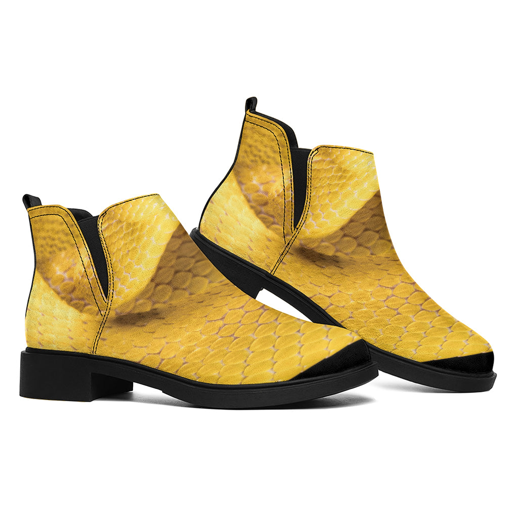 Yellow Snake Print Flat Ankle Boots