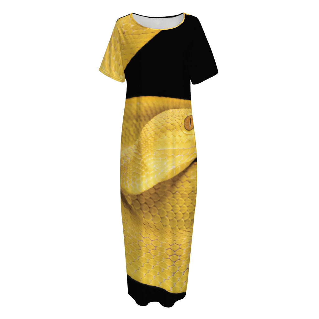 Yellow Snake Print Short Sleeve Long Nightdress