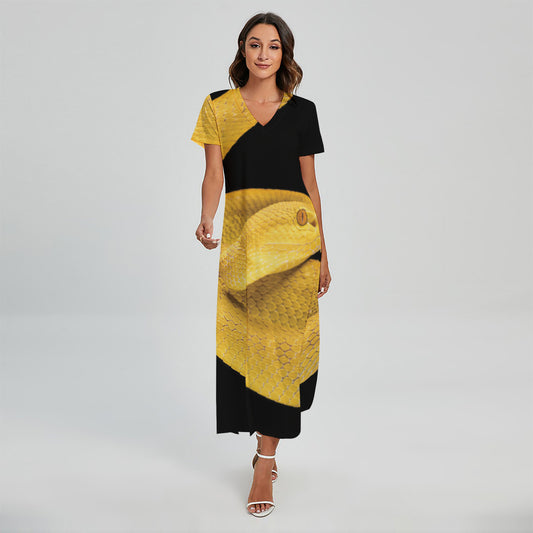 Yellow Snake Print Short Sleeve Maxi Dress