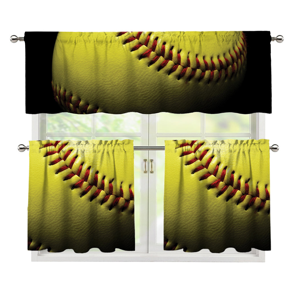 Yellow Softball Ball Print 3 Piece Kitchen Curtains