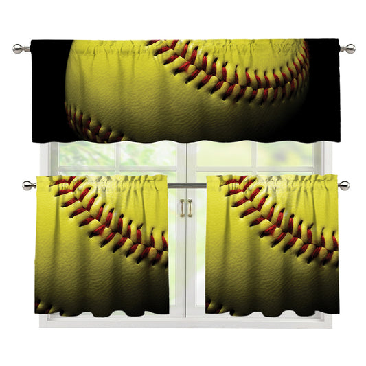 Yellow Softball Ball Print 3 Piece Kitchen Curtains