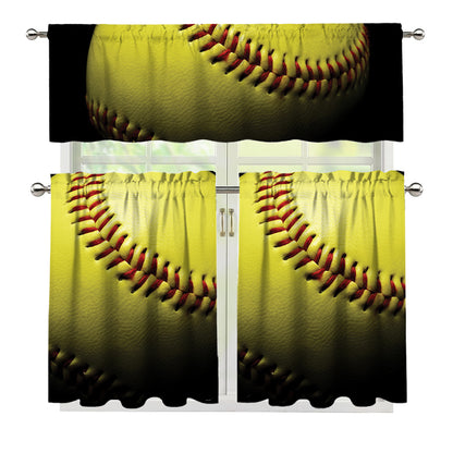 Yellow Softball Ball Print 3 Piece Kitchen Curtains