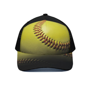 Yellow Softball Ball Print Black Mesh Trucker Cap