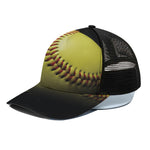 Yellow Softball Ball Print Black Mesh Trucker Cap