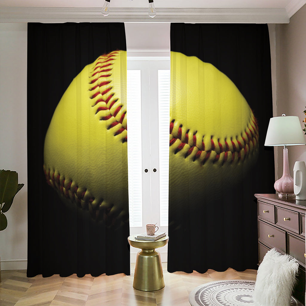 Yellow Softball Ball Print Blackout Pencil Pleat Curtains