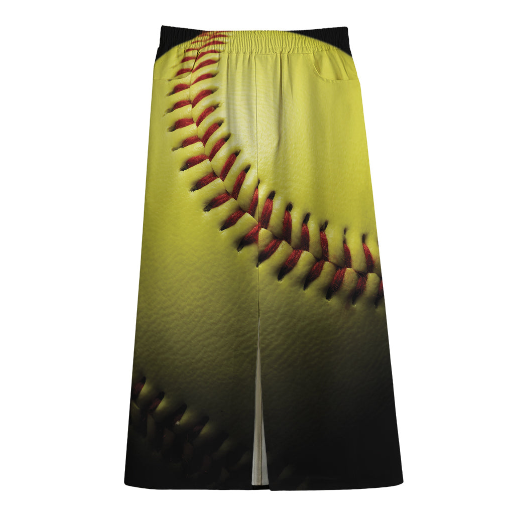 Yellow Softball Ball Print Cotton Front Slit Maxi Skirt