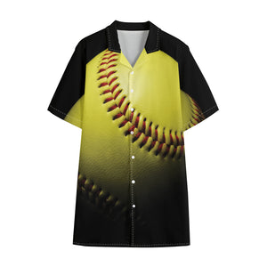 Yellow Softball Ball Print Cotton Hawaiian Shirt